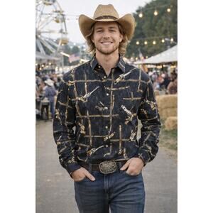 Bit Bridle Western Shirt Black Revolver Print L Cowboy